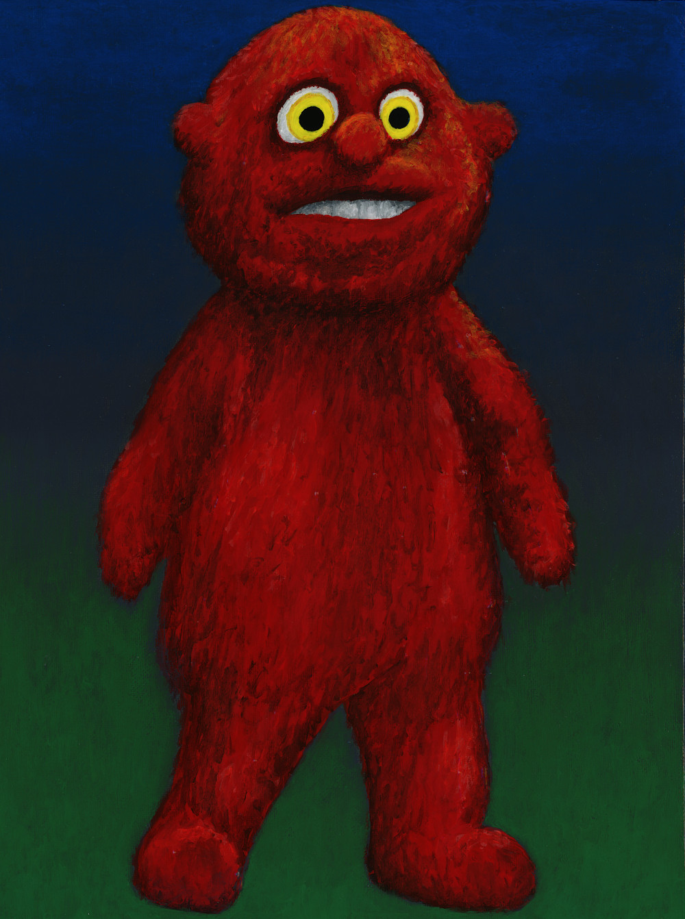 a painting of the bug-eyed red Chunky character from I Think You Should Leave
