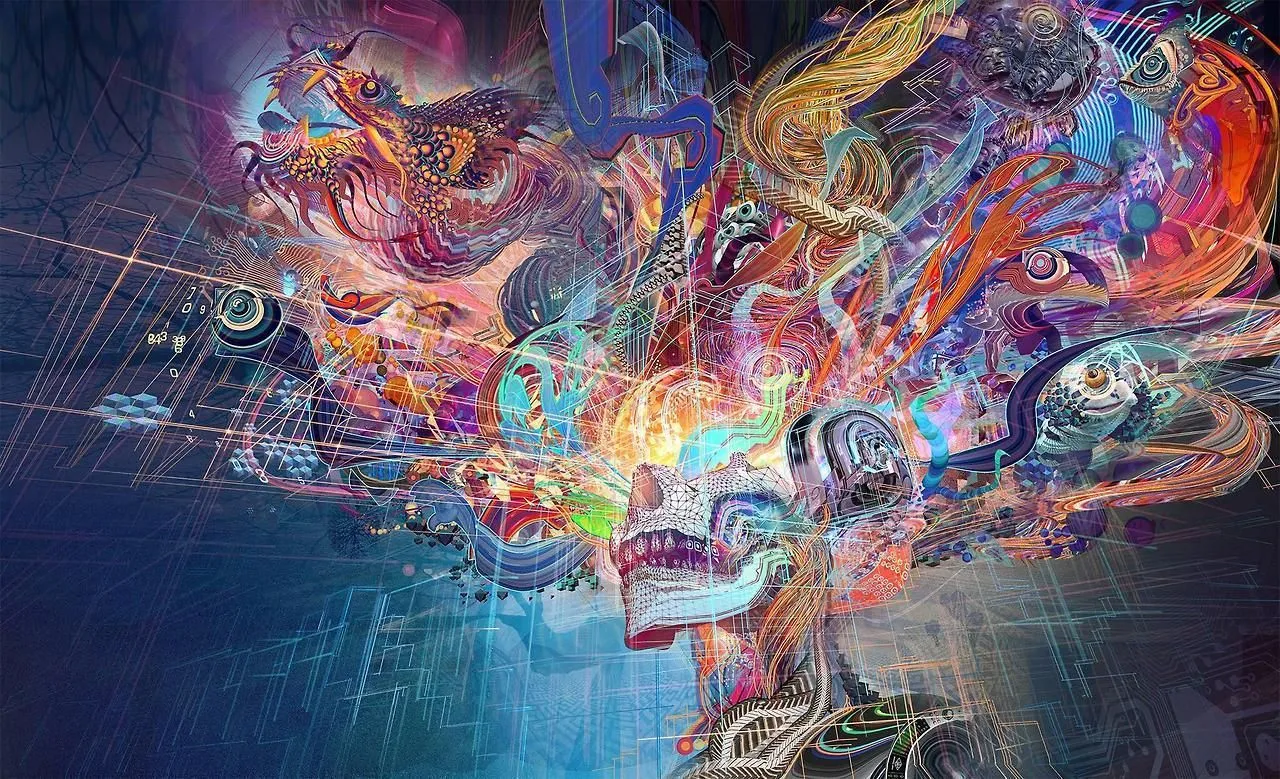 trippy artwork showing things flowing out of a skull